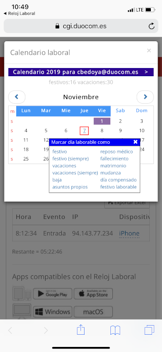 calendario de trabajo